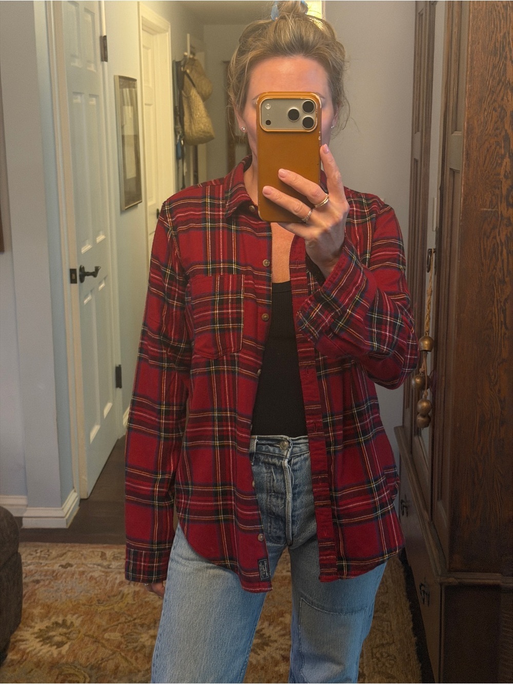 Red Plaid Button-Up flannel Shirt Jacket
